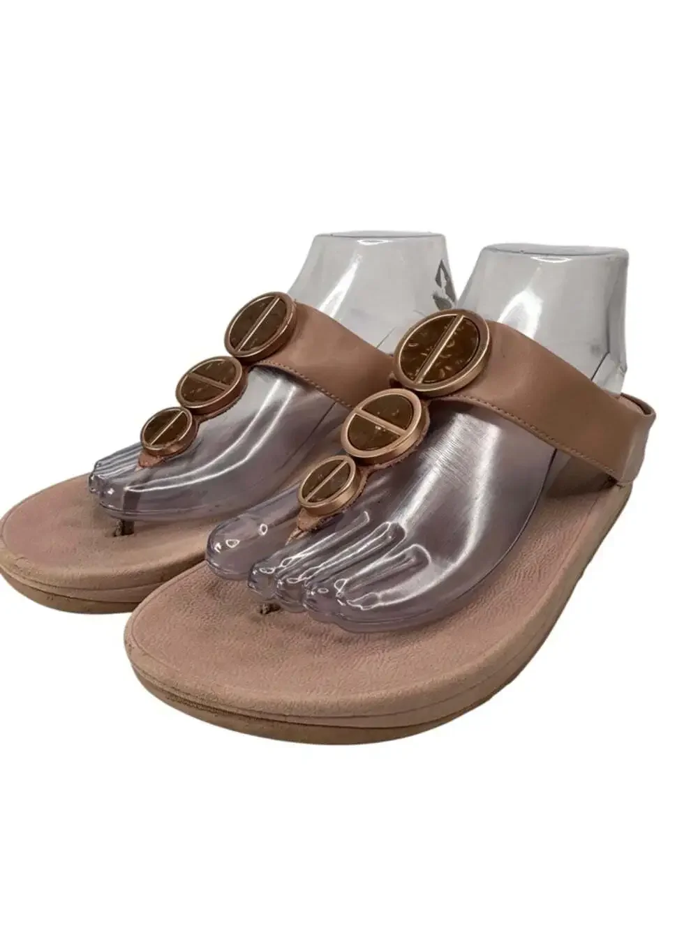FitFlop Halo Toe Post Sandals Metallic Buckle Comfort Beige Womens Size 8